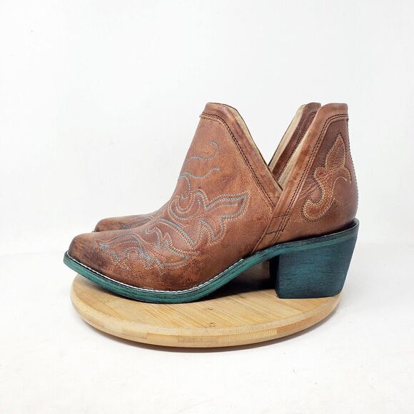 Circle G Boot Women 7 LD Cognac Brown Leather Turquoise Blue Western Cowboy Shoe - Picture 8 of 14